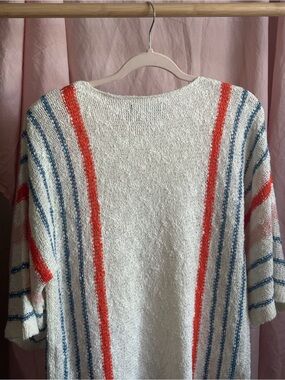 Chico's Cream Open-Knit Tunic with Coral and Sky Blue Stripes